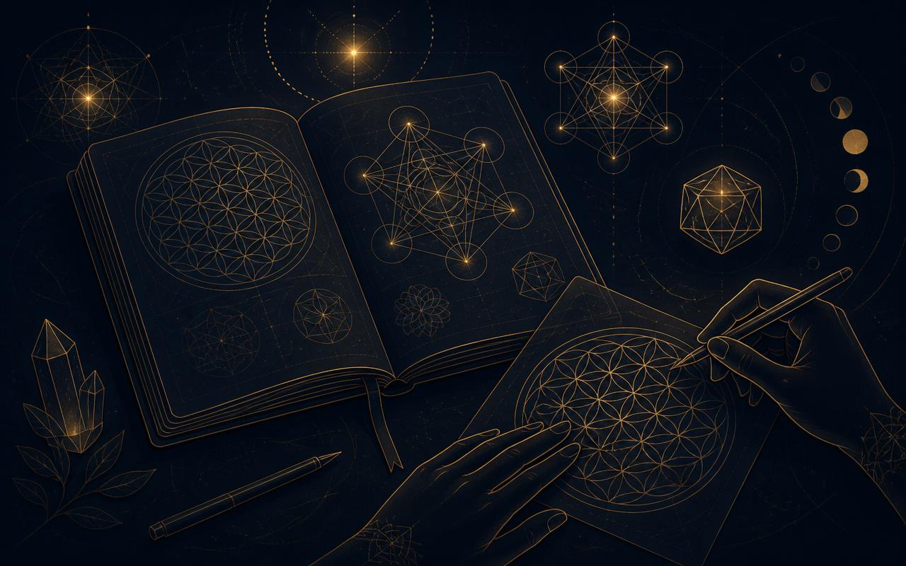 Cuaderno abierto con figuras de geometría sagrada y manos trabajando con una plantilla de la Flor de la Vida